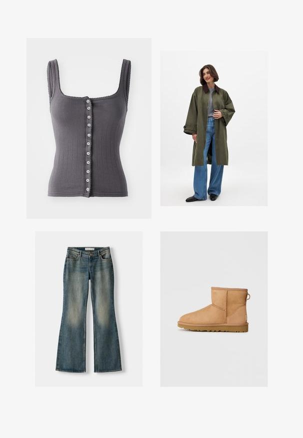 Ylihdas oliivinvihreä takki, jossa on ruskea kaulus, valmistettu sileästä kankaasta. Pitkät hihat, avonainen etuosa, päällä harmaa toppi ja siniset leveälahkeiset farkut.; Free People END GAME POINTELLE TANK - Toppi - volcanic glass; Siniset leveälahkeiset farkut, joissa on haalistunut pesu, viisi taskua ja nappikiinnitys. Materiaalissa on farkkukangas, jossa on hienovaraisia ompeluyksityiskohtia.; Ruskean mokkasandaalit pyöreällä kärjellä, ommelluilla yksityiskohdilla, takana vetotappi ja teksturoidulla kumipohjalla. Suunniteltu mukavuutta ja lämpöä varten.