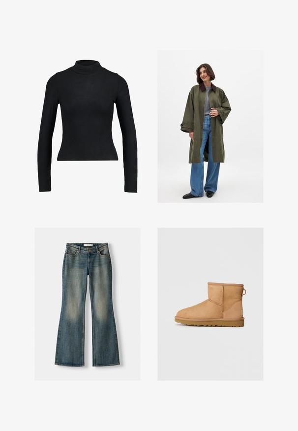 Ylihdas oliivinvihreä takki, jossa on ruskea kaulus, valmistettu sileästä kankaasta. Pitkät hihat, avonainen etuosa, päällä harmaa toppi ja siniset leveälahkeiset farkut.; Musta pitkähihaista poolopaitaa, joka on valmistettu ribatusta kankaasta. Paita on bodycon-mallinen ja sen siluetti on hoikka. Ei kuvioita eikä korostuksia.; Siniset leveälahkeiset farkut, joissa on haalistunut pesu, viisi taskua ja nappikiinnitys. Materiaalissa on farkkukangas, jossa on hienovaraisia ompeluyksityiskohtia.; Ruskean mokkasandaalit pyöreällä kärjellä, ommelluilla yksityiskohdilla, takana vetotappi ja teksturoidulla kumipohjalla. Suunniteltu mukavuutta ja lämpöä varten.