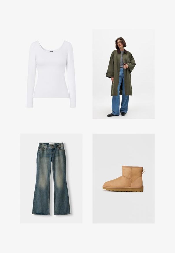 Olive green oversized coat with brown collar, made of a smooth fabric. Long sleeves, open front, worn over a grey top and blue wide-leg jeans.; White long-sleeve top featuring a scoop neckline and ribbed texture, designed for a fitted silhouette. No patterns or accents.; Blue flared jeans with a faded wash, five pockets, and a button closure. Material shows a denim texture with subtle stitching details.; Tan suede ankle boot with round toe, stitched detailing, pull tab on back, and a textured rubber sole. Designed for comfort and warmth.