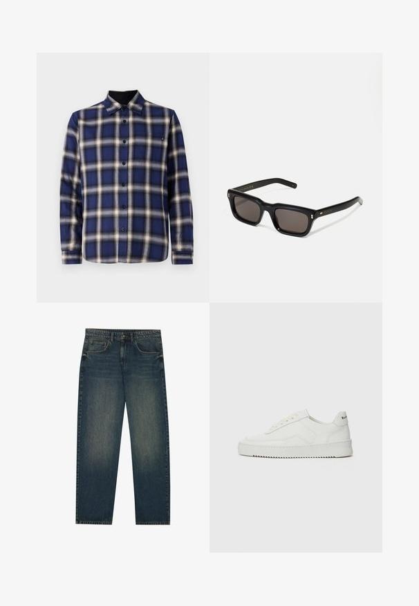 Βουργουνδικό φουτεράκι με φερμουάρ από βαμβάκι, με γιακά τύπου point, δύο πλευρικές τσέπες, ελαστική μέση και ένα μικρό πράσινο λογότυπο στο στήθος.; Μπλε και λευκό καρό πουκάμισο με μακριά μανίκια, κουμπιά μπροστά, γιακά και μαύρες λεπτομέρειες στους καρπούς και στο λαιμό. Διαθέτει τυπικά κουμπιά.; Σκούρες μπλε τζιν παντελόνες με ίσια γραμμή, πέντε τσέπες και ελαφρώς ξεθωριασμένη υφή στα πόδια. Ιδανικές για καθημερινή χρήση.; Λευκό δερμάτινο sneakers με λείο φινίρισμα, στρογγυλή μύτη, επίπεδα κορδόνια και υφή στην σόλα. Φέρει μια διακριτική λογότυπο στη φτέρνα.; Μαύρα ορθογώνια γυαλιά ηλίου με σκούρους φακούς, χοντρό πλαστικό σκελετό, χρυσές λεπτομέρειες στους ναούς και λογότυπο μάρκας σκαλισμένο στο βραχίονα.