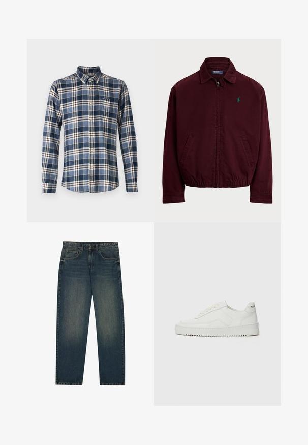 Casaco burgundy com fecho éclair feito de algodão, apresentando um colarinho tipo ponta, dois bolsos laterais, barra elástica e um pequeno logótipo verde no peito.; Camisa xadrez em azul-marinho, azul-claro e branco com detalhes em castanho. Apresenta colarinho abotoado e bolso no peito, feita em tecido texturizado.; Jeans de ganga azul escuro com corte reto, design de cinco bolsos e uma ligeira textura desbotada nas pernas. Adequados para uso casual.; Sapatilha de couro branco com acabamento suave, bico redondo, atacadores planos e uma sola texturizada. Apresenta um logotipo discreto no calcanhar.