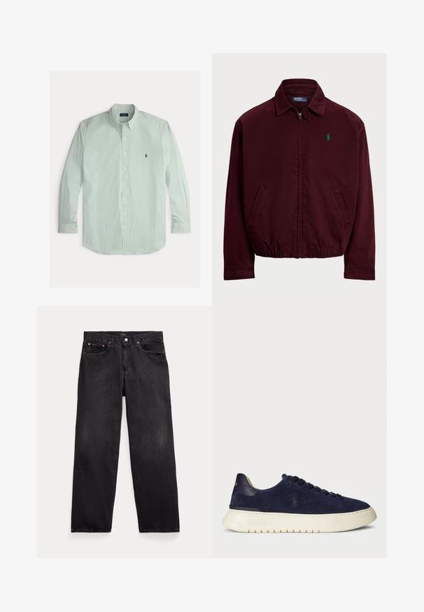 Burgundy zip-up jacket made of cotton, featuring a point collar, two side pockets, elastic hem, and a small green logo on the chest.; Light green and white vertical striped long-sleeve button-up shirt with button-down collar and a small navy blue embroidered logo on the chest.; Black denim jeans with a relaxed fit, featuring five pockets, a button fly, and subtle fading throughout the fabric.; Navy suede low-top sneaker with a textured surface, rubber sole, and tonal laces, featuring a small logo on the side and heel.