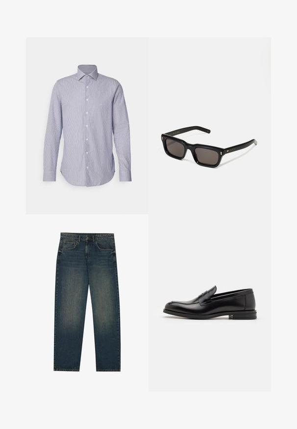 Bordo zip-up jakna iz bombaža, z ovratnikom, dvema stranskima žepoma, elastičnim robom in majhnim zelenim logotipom na prsih.; Svetlo modra in bela prugasta srajca z dolgimi rokavi, gumbom z ovratnikom, sprednjimi gumbi in ukrivljenim robom. Mehka tekstura tkanine.; Temno modri jeans s ravnim krojem, zasnovo s petimi žepi in rahlo pobledelo teksturo na nogah. Primerni za vsakdanje nošnje.; Črne usnjene loafer čevlje z gladko teksturo, zaobljenim nosom in dekorativnim trakom čez zgornji del. Nizka zložena peta, minimalističen dizajn.; Črne pravokotne sončna očala s temnimi lečami, debelim plastičnim okvirjem, zlatimi detajli na templjih in izgravirano blagovno znamko na ročaju.