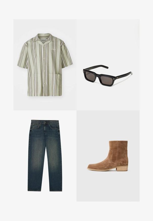 Bordo zip-up jakna iz bombaža, z ovratnikom, dvema stranskima žepoma, elastičnim robom in majhnim zelenim logotipom na prsih.; Srajca s kratkimi rokavi, gumbasta, v svetlo zeleni barvi z navpičnimi črtami v temno zeleni in beli barvi. Ima dva sprednja žepa in ovratnik.; Temno modri jeans s ravnim krojem, zasnovo s petimi žepi in rahlo pobledelo teksturo na nogah. Primerni za vsakdanje nošnje.; Rjave zamsheve gležnjarje z rahlo zaobljenim prstom, nizkim, zabočnim lesenim petami, elastičnimi stranskimi paneli in gladkimi šivi ob šivih.; Črne pravokotne sončna očala s temnimi lečami, debelim plastičnim okvirjem, zlatimi detajli na templjih in izgravirano blagovno znamko na ročaju.