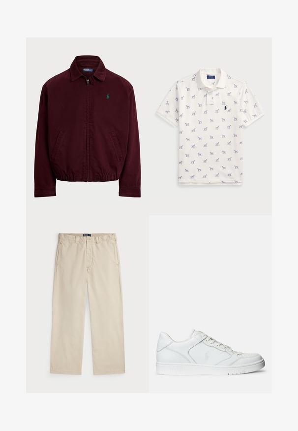 Casaco burgundy com fecho éclair feito de algodão, apresentando um colarinho tipo ponta, dois bolsos laterais, barra elástica e um pequeno logótipo verde no peito.; Camisola polo branca feita de algodão, com um padrão repetido de cães azuis e um pequeno logotipo azul no peito. Mangas curtas e colarinho.; Chinos de algodão bege com um design de perna reta, apresentando um fecho de botão e dois bolsos frontais. Textura suave e cor uniforme.; Sapatilha de couro branco com textura suave, apresentando uma biqueira perforada, fecho de atacadores e logotipo bordado na lateral. Sola de borracha branca.