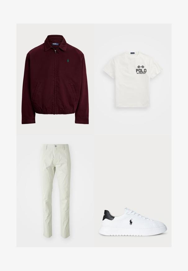 Burgundská zipová bunda vyrobená z bavlny, s límečkem, dvěma bočními kapsami, elastickým lemem a malým zeleným logem na hrudi.; Bílý bavlněný tričko s kulatým výstřihem, s černým logem "Polo Motorsport" a zkříženými šachovnicovými vlajkami na levé hrudi.; Světlé zelené bavlněné kalhoty s úzkým střihem, které mají přední zapínání na knoflík, páskové poutka a boční kapsy. Hladká textura a precizní design.; Bílé nízké tenisky s černým patníkem a černým logem Polo Ralph Lauren na bocích, s bílými tkaničkami a silnou gumovou podrážkou.