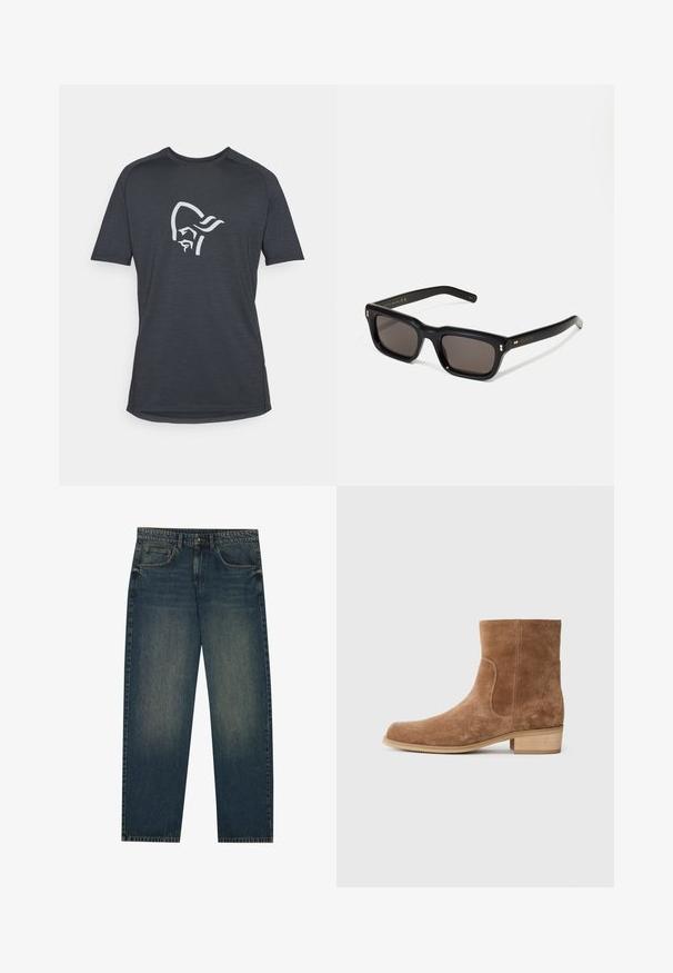 Βουργουνδικό φουτεράκι με φερμουάρ από βαμβάκι, με γιακά τύπου point, δύο πλευρικές τσέπες, ελαστική μέση και ένα μικρό πράσινο λογότυπο στο στήθος.; Σκούρο γκρι κοντομάνικο μπλουζάκι με λευκή γραφική απεικόνιση προφίλ προσώπου. Φτιαγμένο από μαλακό, υφαντό ύφασμα με στρογγυλή άκρη.; Σκούρες μπλε τζιν παντελόνες με ίσια γραμμή, πέντε τσέπες και ελαφρώς ξεθωριασμένη υφή στα πόδια. Ιδανικές για καθημερινή χρήση.; Καφέ σουέτ μποτάκια μέχρι τον αστράγαλο με ελαφρώς στρογγυλεμένη μύτη, χαμηλό ξύλινο τακούνι και ελαστικές πλευρικές ραφές, καθώς και ομαλές ραφές κατά μήκος των ραφών.; Μαύρα ορθογώνια γυαλιά ηλίου με σκούρους φακούς, χοντρό πλαστικό σκελετό, χρυσές λεπτομέρειες στους ναούς και λογότυπο μάρκας σκαλισμένο στο βραχίονα.