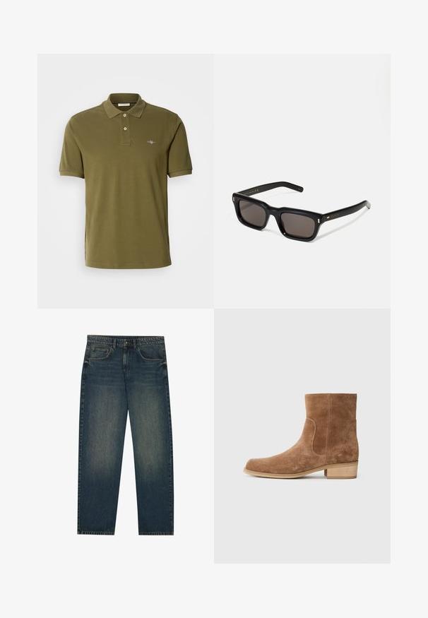 Burgundská zipová bunda vyrobená z bavlny, s límečkem, dvěma bočními kapsami, elastickým lemem a malým zeleným logem na hrudi.; Olivově zelená polo košile vyrobená z bavlny, s tříknoflíkovým zapínáním, krátkými rukávy a vyšitým logem na levé hrudi.; Tmavě modré džíny s rovnýmm střihem, designem pěti kapes a mírně vybledlou texturou na nohavicích. Vhodné na volný čas.; Hnědé semišové kotníkové boty s mírně zaoblenou špičkou, nízkým přirozeným dřevěným podpatkem, elastickými bočními panely a hladkým švem podél spojů.; Černé obdélníkové sluneční brýle s tmavými skly, silným plastovým rámem, zlatými akcenty na spáncích a vyrytým logem značky na nožičce.