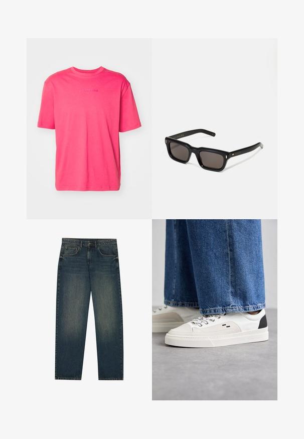 Burgundská zipová bunda vyrobená z bavlny, s límečkem, dvěma bočními kapsami, elastickým lemem a malým zeleným logem na hrudi.; Tričko s krátkým rukávem a kulatým výstřihem v jasně růžové barvě z bavlny, s embosovaným logem značky uprostřed, které má uvolněný střih a hladkou texturu.; Tmavě modré džíny s rovnýmm střihem, designem pěti kapes a mírně vybledlou texturou na nohavicích. Vhodné na volný čas.; Bílé a černé tenisky s hladkým koženým svrškem, texturovanými akcenty a robustní bílou podešví. Mají klasický design se šněrováním.; Černé obdélníkové sluneční brýle s tmavými skly, silným plastovým rámem, zlatými akcenty na spáncích a vyrytým logem značky na nožičce.