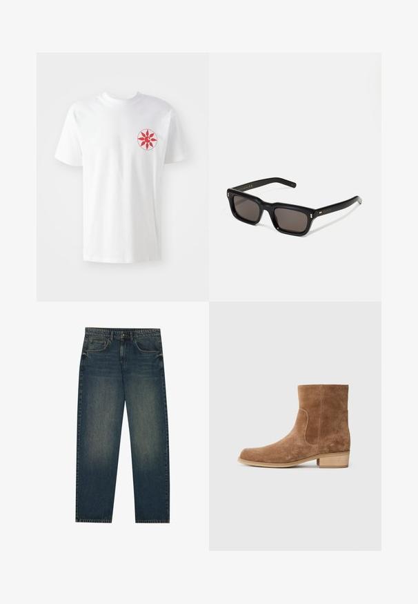 Burgundy zip-up jacket made of cotton, featuring a point collar, two side pockets, elastic hem, and a small green logo on the chest.; White cotton t-shirt featuring a red sun motif on the left chest. Short sleeves, crew neck, and soft texture. Simple and clean design.; Dark blue denim jeans with a straight cut, five pocket design, and a slight faded texture on the legs. Suitable for casual wear.; Brown suede ankle boots with a slightly rounded toe, low stacked wooden heel, elastic side panels, and smooth stitching along the seams.; Black rectangular sunglasses with dark lenses, thick plastic frame, gold accents on temples, and brand logo engraved on the arm.