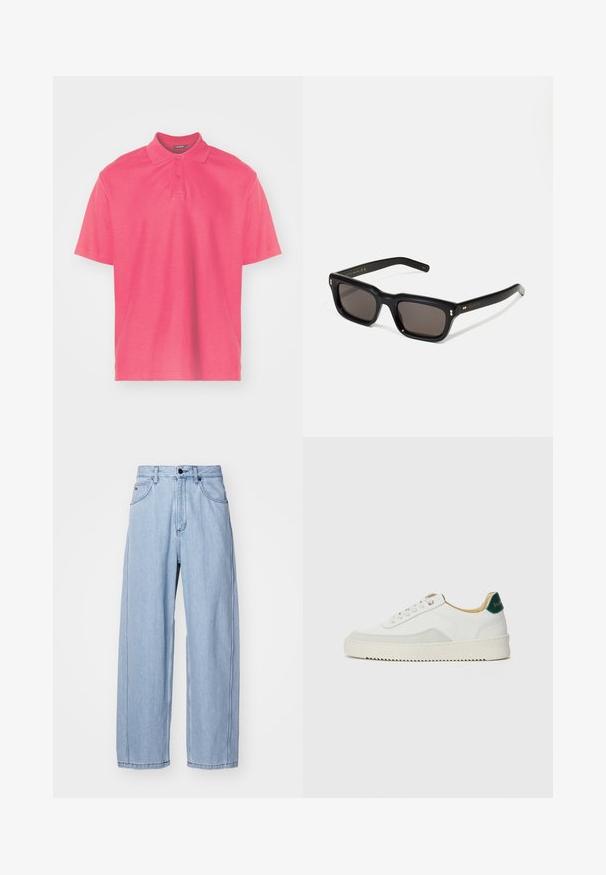 Burgundi värvi tõmblukk-jakk, mis on valmistatud puuvillast, omab sutsu kraed, kahte küljetaskut, elastset äärt ja väikest rohelist logo rinnal.; Lyhythihainen polo-paita kirkkaan vaaleanpunaisena. Valmistettu sileästä puuvillasta, jossa on klassinen kaulus, kaksinappinen listakappale ja huomaamaton logo rinnassa.; Vaaleansiniset farkut, joissa on leveä lahje, etutaskut, napitus ja yksityiskohtainen ompelu saumoissa.; Valkoiset tennarit, joissa on nahkaosia, pyöreä kärki, tasaiset nauhat ja kermaisa kumi-pohja. Takana vihreä brändäys.; Mustat suorakulmaiset aurinkolasit tummilla linsseillä, paksu muovikehys, kultaiset korostukset temppeleissä ja brändin logo kaiverrettuna varteen.