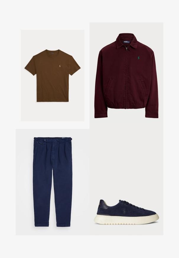 Burgundy zip-up jacket made of cotton, featuring a point collar, two side pockets, elastic hem, and a small green logo on the chest.; Polo Ralph Lauren CUSTOM SLIM FIT JERSEY CREWNECK T-SHIRT - Basic T-shirt - pale russet; Navy chinos made from cotton, featuring a straight-leg cut, front pleats, button closure, and rolled cuffs. Smooth texture with minimal design.; Navy suede low-top sneaker with a textured surface, rubber sole, and tonal laces, featuring a small logo on the side and heel.