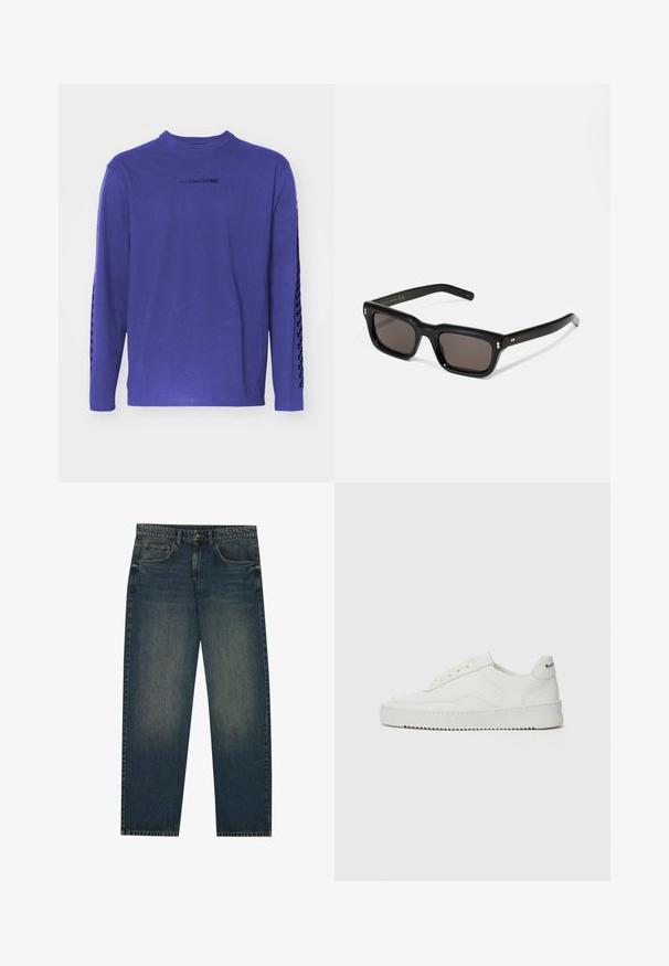 Burgundska zip-up jakna od pamuka, s točkastim ovratnikom, dva bočna džepa, elastičnim rubom i malim zelenim logotipom na prsima.; Dugih rukava ljubičasta majica od pamuka, s okruglim izrezom i uzorkovanim detaljem duž rukava te logom na prsima.; Tamno plavi traperice s ravnim krojem, dizajnom od pet džepova i blagim izbljeđenjem na nogama. Pogodne za ležernu odjeću.; Bijele kožne tenisice s glatkom površinom, okruglim vrhom, ravnim vezicama i teksturiranom potplatom. Imaju suptilan logo na peti.; Crne pravokutne sunčane naočale s tamnim lećama, debelim plastičnim okvirom, zlatnim akcentima na sljepoočnicama i logotipom marke ugraviranim na dršku.