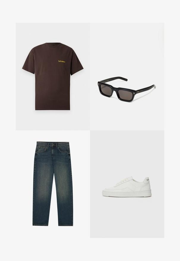 Bordeauxkleurige ritsjack van katoen, met een puntkraag, twee zijzakken, elastische zoom en een klein groen logo op de borst.; No Problemo MINI TEE - T-shirt basic - brown; Donkerblauwe spijkerbroek met een recht model, vijf zakken en een lichte vervaging op de benen. Geschikt voor casual draagstijl.; Witte leren sneaker met een gladde afwerking, ronde neus, platte veters en een gestructureerde zool. Kenmerkt zich door een subtiel logo op de hiel.; Zwarte rechthoekige zonnebril met donkere lenzen, een dik plastic montuur, gouden accenten op de veren en het merkembleem gegraveerd op de arm.
