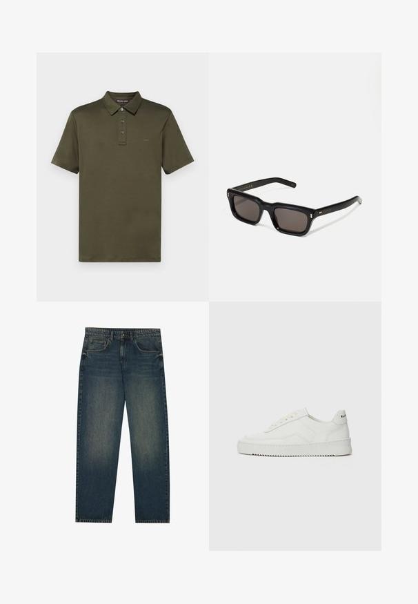 Burgundi värvi tõmblukk-jakk, mis on valmistatud puuvillast, omab sutsu kraed, kahte küljetaskut, elastset äärt ja väikest rohelist logo rinnal.; Michael Kors SLEEK NEW - T-paita - ivy; Tanssikankaiset tummansiniset farkut suoralinjaisella leikkauksella, viisi taskua, ja kevyesti kuluneet sääret. Sopii arkivaatteeksi.; Valkoinen nahkakenkä, jossa on sileä pinta, pyöreä kärki, tasaiset nauhat ja teksturoitu pohja. Sisältää huomaamattoman logon kantapäässä.; Mustat suorakulmaiset aurinkolasit tummilla linsseillä, paksu muovikehys, kultaiset korostukset temppeleissä ja brändin logo kaiverrettuna varteen.