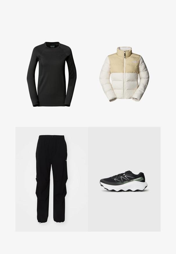 Zweifarbige gepolsterte Jacke in Beige und Off-White mit hohem Kragen, Frontreißverschluss und Logo auf der linken Brust.; The North Face W SPORT L/S CREW NECK - Langarmshirt - tnf black; Schwarze Outdoor-Hosen aus langlebigem Material, mit lockerer Passform, elastischem Bund und verstellbaren Bündchen für variable Längen.; Schwarzer Trainingsschuh mit einem Obermaterial aus Mesh, weißen und hellgrünen Akzenten, einer gepolsterten weißen Sohle und einer strukturierten Grip-Außensohle.