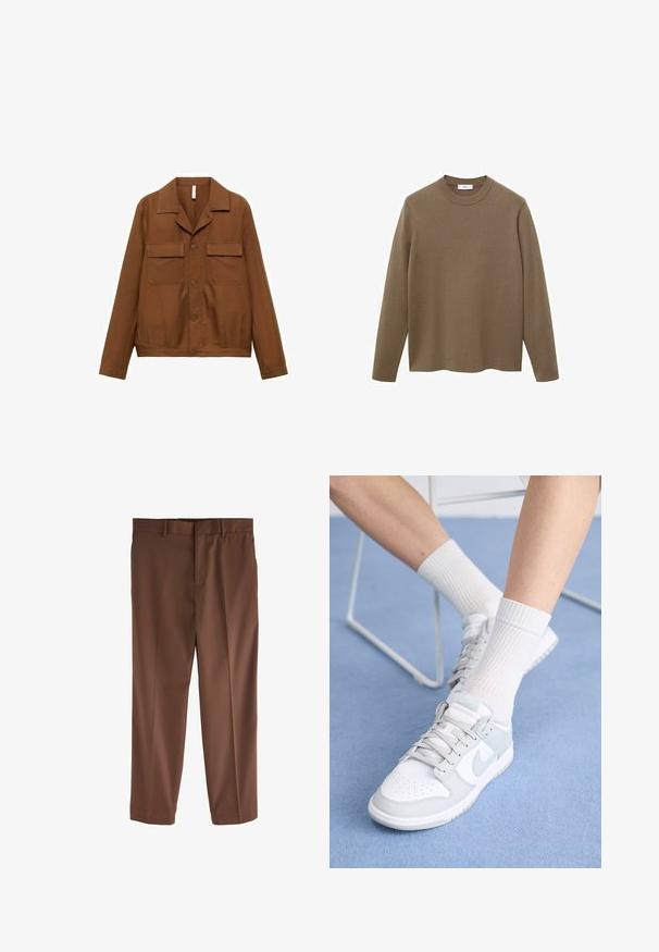 Brun, knäppt jacka skjorta tillverkad av ett slätt tyg. Har en spetsig krage, två bröstfickor och långa ärmar.; Brun långärmad tröja med rund hals, tillverkad av mjukt och slätt material; har en avslappnad passform och rak nederkant.; Bruna skräddarsydda byxor med en jämn textur, raka ben, bälteshällor och en enkel framfals. Inga synliga fickor eller dekorationer.; Vita sneakers med ljusblå detaljer, läderöverdel, perforerad tå, tjocka snörningar och ribbade vita strumpor mot en blå bakgrund.