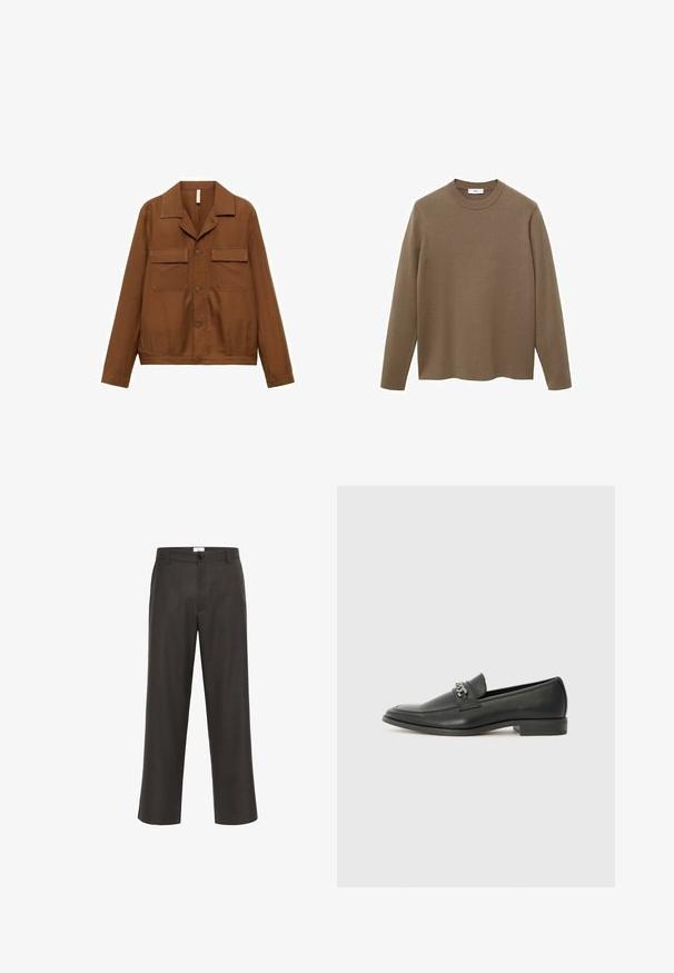 Brązowa, zapinana na guziki kurtka koszulowa wykonana z gładkiego materiału. Posiada wygięty kołnierzyk, dwie kieszenie na piersiach oraz długie rękawy.; Brązowy sweter z długim rękawem o okrągłym dekolcie, wykonany z gładkiego, miękkiego materiału; ma luźny krój i prosty dół.; Ciemnobrązowe spódnice skrojone z gładkiego materiału. Posiada zapięcie na guzik, boczne kieszenie i prosty krój nogawki.; Czarne skórzane mokasyny o gładkim wykończeniu, z haftowanym wzorem i dekoracyjnym akcentem z metalowego łańcucha na wierzchu. Płaska pięta.