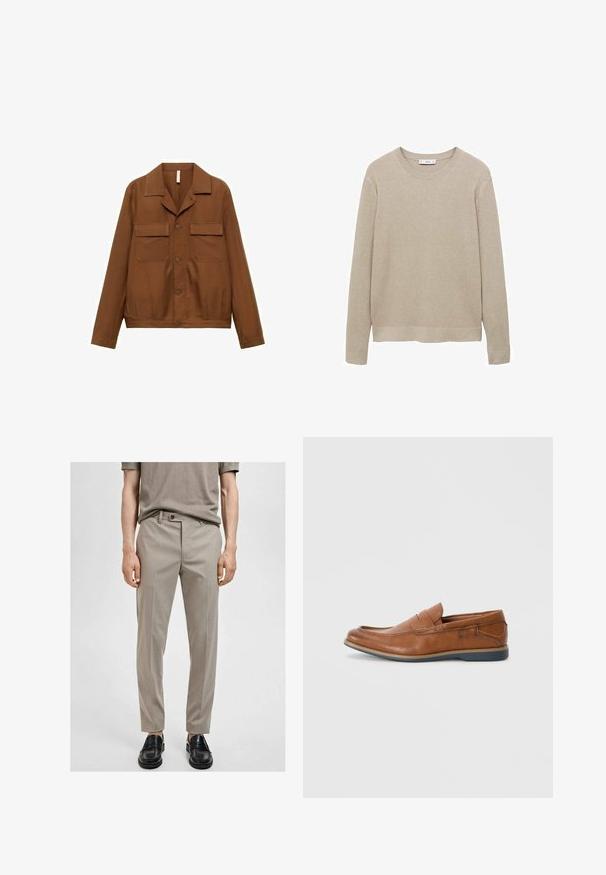 Camicia giacca marrone, con bottoni, realizzata in un tessuto liscio. Presenta un colletto a punta, due tasche sul petto e maniche lunghe.; Maglione a coste beige con maniche lunghe, scollatura rotonda e orlo tagliato. Il tessuto appare morbido con un motivo testurizzato.; Pantaloni beige su misura in tessuto liscio, slim fit e con piega frontale. Abbinati a mocassini neri, che mettono in mostra un design semplice e moderno.; Mocassini in pelle marrone con punta tondeggiante, dettagli cuciti e suola in gomma bassa. Il design presenta una banda sulla parte superiore.