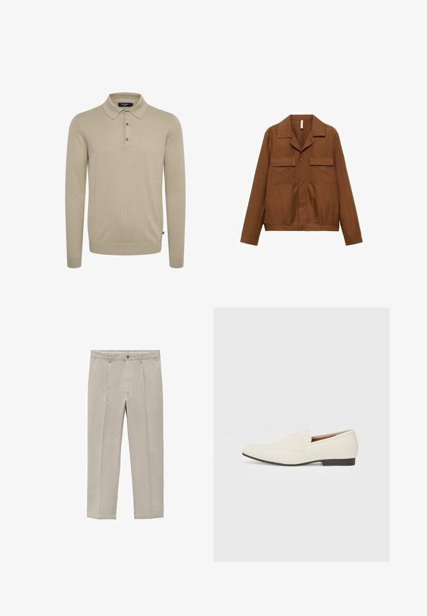 Jachetă dintr-un material neted, de culoare maro, cu nasturi. Are un guler ascuțit, două buzunare pe piept și mâneci lungi.; Polo cu mânecă lungă dintr-un material tricotat bej deschis, având un guler clasic, placket cu trei butoane și manșete ribbate.; Pantaloni bej deschis dintr-un amestec de bumbac, cu un design dreapt, pliuri frontale, închidere cu nasture și buzunare laterale.; Loafers bej cu un vârf ascuțit, dintr-un material neted, cu o bandă peste vamp și o talpă joasă maro. Design simplu cu accente minime.
