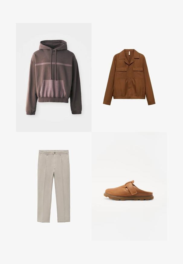 Jachetă dintr-un material neted, de culoare maro, cu nasturi. Are un guler ascuțit, două buzunare pe piept și mâneci lungi.; Hanorac supradimensionat cu mânecă scurtă, de culoare maro închis, cu o dungă în gradient de maro deschis, buzunar frontal și glugă cu șnur. Material moale din amestec de bumbac.; Pantaloni bej deschis dintr-un amestec de bumbac, cu un design dreapt, pliuri frontale, închidere cu nasture și buzunare laterale.; Clogs din piele maro, slip-on, cu o curea Velcro, având un superior texturat, vârf rotund și o talpă din cauciuc robustă.
