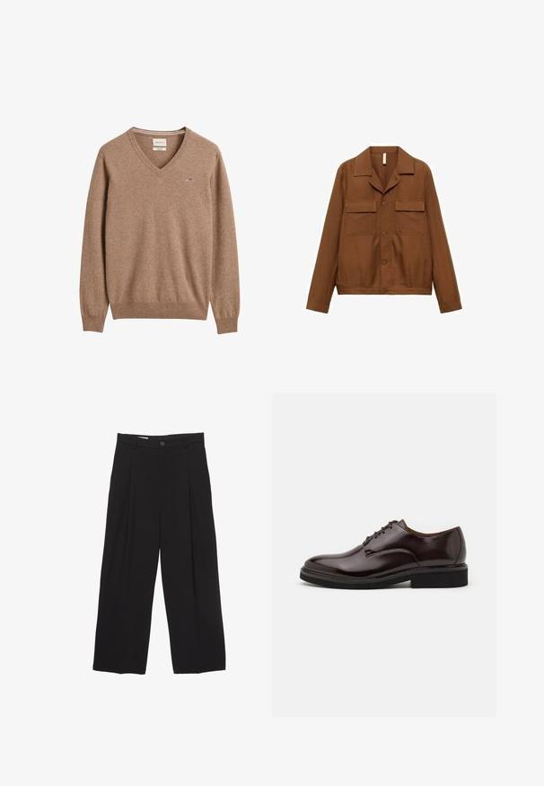 Braune, knöpfbare Hemdenjacke aus glattem Stoff. Sie verfügt über einen spitzen Kragen, zwei Brusttaschen und langärmelige Ärmel.; Brauner V-Ausschnitt-Pullover aus weichem, strukturiertem Stoff. Verfügt über gerippte Bündchen und Saum, mit einem kleinen Logo, das auf der Brust gestickt ist.; Schwarze weit geschnittene Hose aus glattem Stoff, mit flachem Taillenbund, vorderen Falten und einer einzigen Knopfverschlus.; Braune Leder-Oxfordschuhe mit glänzender Oberfläche, runder Zehenform, Schnürdesign und einer dicken schwarzen Gummisohle. Nahtdetail im oberen Bereich.