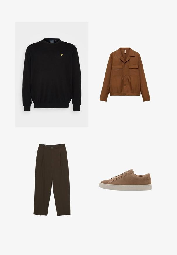 Jachetă dintr-un material neted, de culoare maro, cu nasturi. Are un guler ascuțit, două buzunare pe piept și mâneci lungi.; Pulover negru tricotat cu mâneci lungi și decolteu rotund. Prezintă un mic logo galben cu un vultur pe partea stângă a pieptului. Mansete și tiv elastic.; Pantaloni tailored de culoare maro închis cu pliuri frontale, bucle pentru curea și închidere cu buton la talie.; Adidași joși din suede maro, cu talpă din cauciuc bej și șireturi maro asortate, prezentați în profil pe un fundal alb.