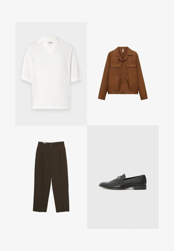 Camicia giacca marrone, con bottoni, realizzata in un tessuto liscio. Presenta un colletto a punta, due tasche sul petto e maniche lunghe.; Maglione bianco a maniche corte con scollo a V, realizzato in tessuto a rete leggero. Presenta un colletto solido e una vestibilità comoda.; Pantaloni sartoriali marrone scuro con pinces frontali, passanti per cintura e chiusura a bottone in vita.; Mocassino in pelle nera con finitura liscia, caratterizzato da un design cucito e da un accento decorativo in catena metallica sul vamp. Tacco piatto.