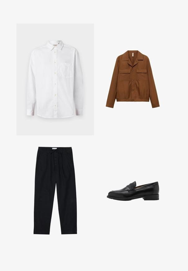 Hnedá košeľová bunda z hladkej látky. Obsahuje špicatý golier, dve náprsné vrecká a dlhé rukávy.; Biela košeľa s dlhými rukávmi a gombíkmi, s golierom a náprsné vrecko, zobrazená na jednoduchom svetlom pozadí.; Pier One Nohavice chinos - black; Čierne kožené mokasíny s prešitým predným dielom a plochým opätkom. Hladký povrch s guľatou špičkou a dekoračným pásom cez nárt.