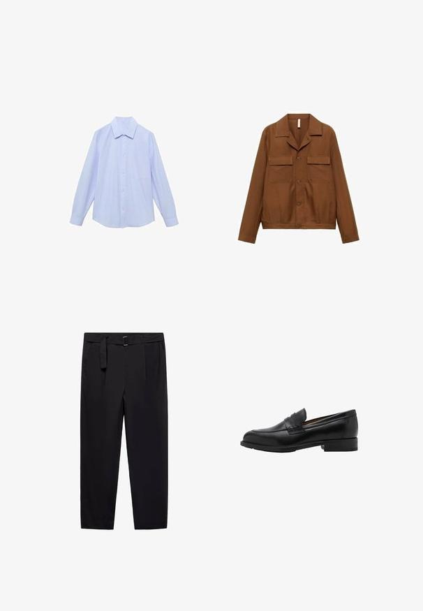 Camicia giacca marrone, con bottoni, realizzata in un tessuto liscio. Presenta un colletto a punta, due tasche sul petto e maniche lunghe.; Camicia a maniche lunghe di colore blu chiaro con strisce verticali bianche, dotata di colletto classico e un'unica tasca sul petto.; Pantaloni neri con vestibilità dritta, passanti per cintura e cintura staccabile. Tessuto liscio con tasche laterali e senza motivi o accessori visibili.; Mocassini in pelle nera con punta cucita e tacco piatto. Texture liscia con punta arrotondata e una fascia decorativa sopra il collo del piede.
