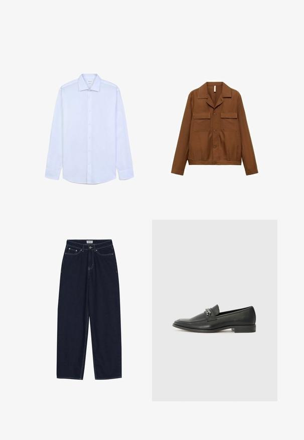 Veste chemise marron à boutons, fabriquée à partir d'un tissu lisse. Comprend un col pointu, deux poches poitrine et des manches longues.; Chemise blanche à manches longues avec coupe regular, col classique, devant à boutons et poignets boutonnés, présentée sur fond blanc.; Pantalons à larges jambes en denim bleu foncé avec des coutures contrastées, poches avant et fermeture à bouton. Coupe droite et épurée sans embellissements.; Mocassin en cuir noir avec une finition lisse, présentant un design cousu et une accent décoratif en chaîne métallique sur le rand. Talon plat.