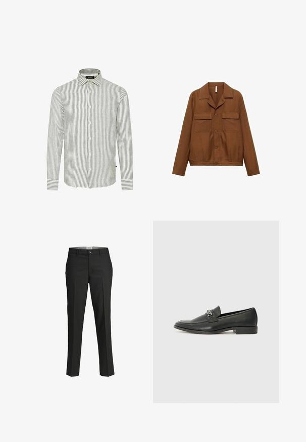 Smeđi džemper s dugim rukavima od glatke tkanine. Ima oštri ovratnik, dva džepa na prsima i dugačke rukave.; Siva i bijela prugasta košulja s dugim rukavima, klasičnim ovratnikom i prednjim dugmadi; ima teksturiranu tkaninu s ležernim dizajnom.; Crne hlače, krojene u prilagodljivom fitu, glatka tkanina, srednji struk, prednje kopčanje na dugme, dijagonalni džepovi i pregibi duž nogu.; Crna kožna loafer cipela s glatkom finišem, s ušivenim uzorkom i dekorativnim metalnim lancem preko prednjeg dijela. Ravni potplat.