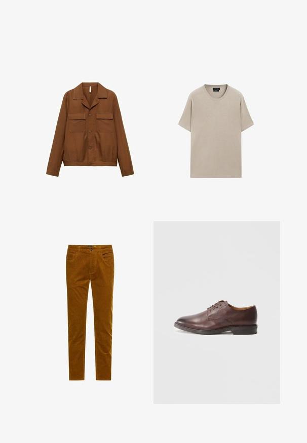 Braune, knöpfbare Hemdenjacke aus glattem Stoff. Sie verfügt über einen spitzen Kragen, zwei Brusttaschen und langärmelige Ärmel.; Beige Baumwoll-T-Shirt mit rundem Halsausschnitt, kurzen Ärmeln und lockerer Passform. Glatte Textur mit schlichtem Design, keine sichtbaren Muster oder Akzente.; Braune Corduroyhose im Slim Fit, mit fünf Taschen, einem vorderen Knopfverschluss und charakteristischer gerippter Textur entlang der gesamten Hose.; Braune lederne Schnürschuhe für Herren mit glatter Oberfläche und gestapeltem Absatz auf weißem Hintergrund.