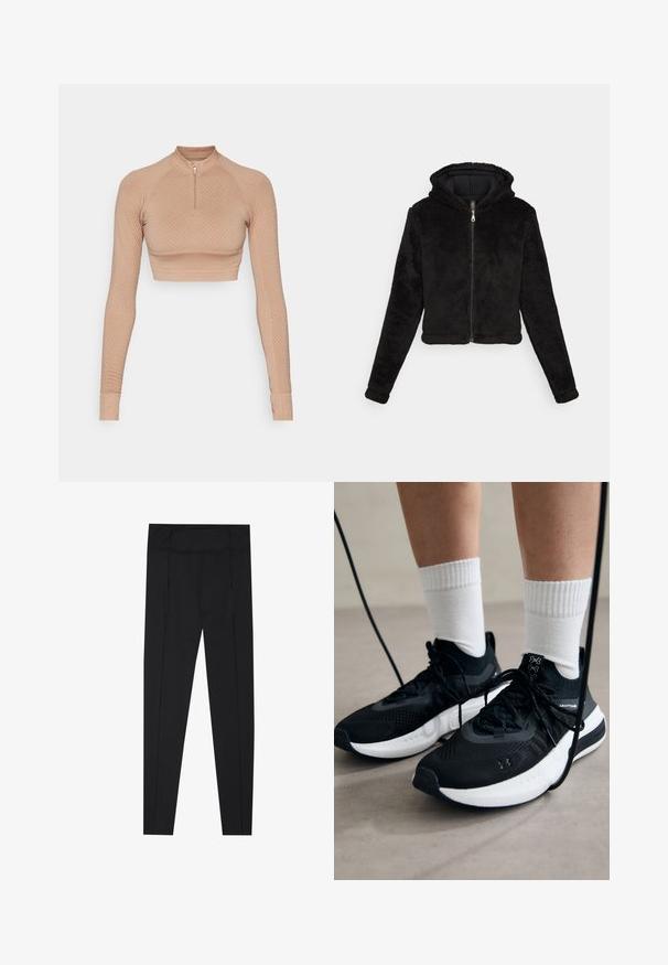 Svart cropped hettegenser laget av plysj-stoff, med glidelås, hette og lange ermer. Glatt innerside med subtil glans.; Langermet cropped topp i lys beige, med teksturert diamantmønster, kvart glidelås, og tettsittende ermer med ribbestrikkede mansjetter.; Sorte leggings med en glatt tekstur, høy midje og sømdetaljer langs sidene. Slim-fit design, egnet for ulike aktiviteter.; Svarte treningssko med teksturert stoff, hvit såle og svarte snøringer. Brukt med hvite ribbestrikkede sokker, stående på en lys overflate.