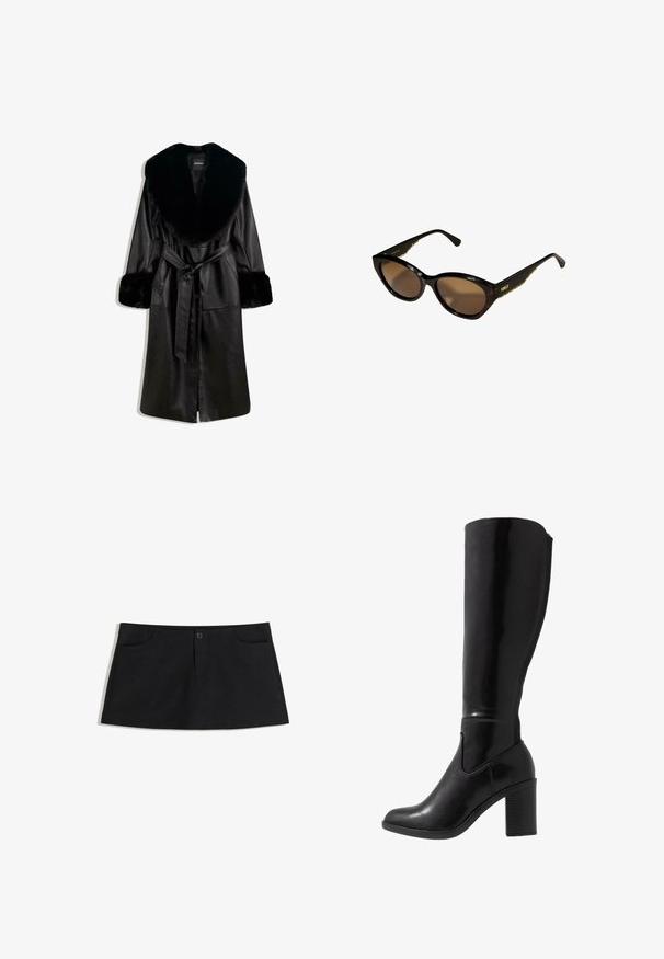 Langer schwarzer Ledermantel mit breitem Kragen und Manschetten aus Kunstfell, ausgestattet mit einem vorderen Bindegürtel und Druckknopfverschluss, auf weißem Hintergrund präsentiert.; Schwarz langärmliges Shirt mit weitem Ausschnitt, aus weichem Stoff gefertigt, mit einer taillierten Passform und minimalen Nähten.; Schwarzer, knielanger Rock aus weichem Stoff. Verfügbar mit zwei frontalen Taschen und einem einzelnen Knopfverschluss an der Taille.; Knöchelhöhe schwarze, glänzende Stiefel mit hohen Absätzen, runder Zehenform, glatter Textur, seitlichen Aussparungen und einem kräftigen Blockabsatz.; Schwarze Cat-Eye-Sonnenbrille mit braunen Gläsern. Strukturiertes goldfarbenes Zubehör an den Bügeln. Glatter Kunststoffrahmen mit glänzender Oberfläche.