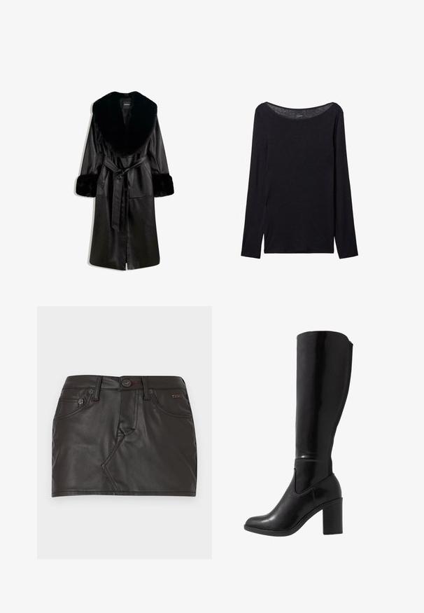 Dlouhý černý kožený kabát s širokým límcem a manžetami z umělé kožešiny, vybavený předním páskem na zavázání a zapínáním na knoflíky, vystavený na bílém pozadí.; Černá dlouhá halenka s širokým výstřihem, vyrobená z měkké látky, s těsným střihem a minimálními švy.; Černá kožená mini sukně s přiléhavým střihem, pasem s knoflíkovým zapínáním a předními kapsami s prošívanými detaily.; Černé lesklé vysoké kozačky na podpatku do poloviny lýtek s kulatou špičkou, hladkým povrchem, bočním výřezem a robustním sloupkovým podpatkem.