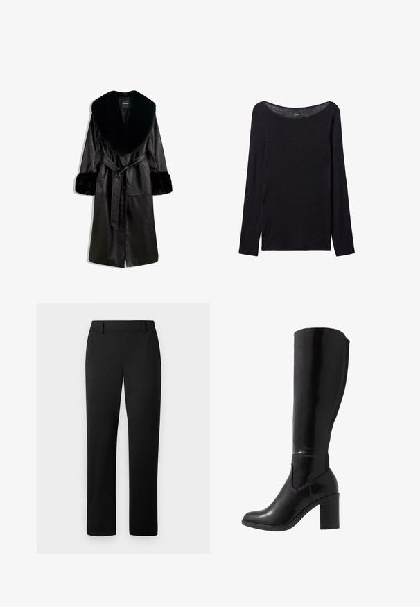 Long black leather coat with wide faux fur collar and cuffs, featuring a front tie belt and button closure, displayed on white background.; Black long-sleeve shirt with a wide neckline, made of soft fabric, featuring a fitted design and minimal stitching details.; Black trousers featuring a straight leg design, made from a smooth fabric with a tailored waistband and front pockets.; Knee-high black glossy heeled boots with a rounded toe, smooth texture, side cutout detail, and a chunky stacked heel.