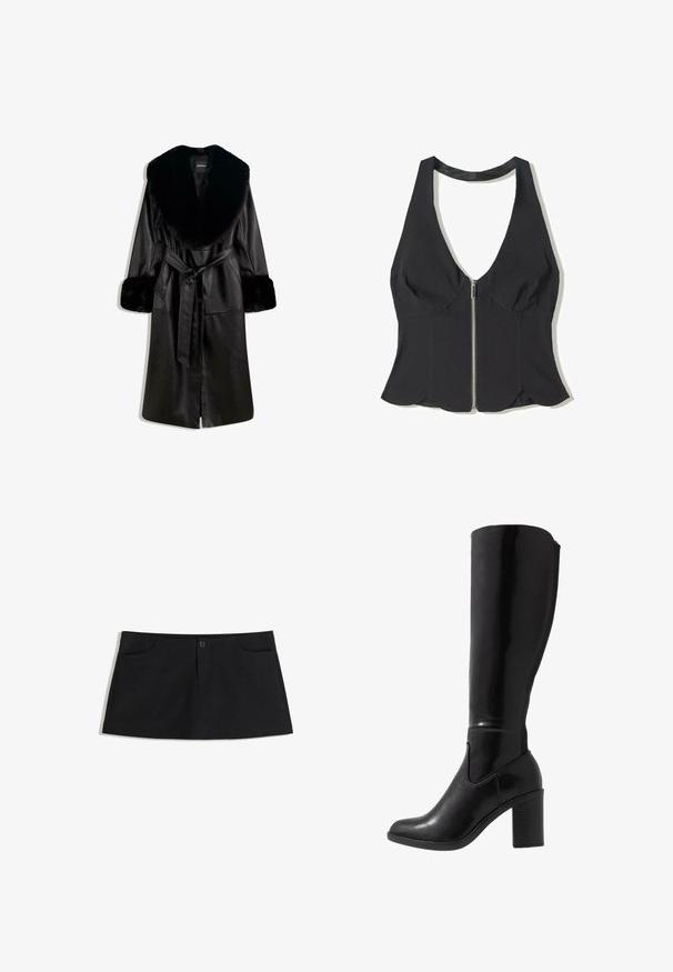 Long manteau en cuir noir avec un large col et des manchettes en fausse fourrure, présentant une ceinture à nouer à l'avant et une fermeture par bouton, affiché sur fond blanc.; Haut halter noir en tissu avec un décolleté en V profond, doté d'une fermeture éclair à l'avant et d'un ourlet festonné en bas. Sans motifs ni accents.; Jupe noire, longueur genou, en tissu doux. Dispose de deux poches avant et d'une fermeture à un bouton à la taille.; Bottes noires à talons vernies hauteur genou, avec un bout arrondi, une texture lisse, un détail de découpe sur le côté et un talon empilé chunky.