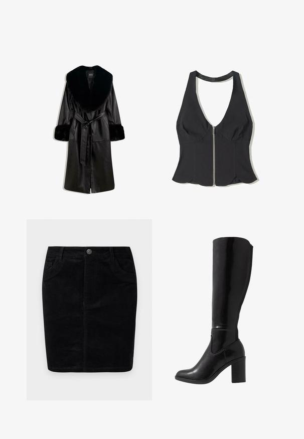 Dlhý čierny kožený kabát s širokým umelým kožušinovým golierom a manžetami, s predným zaväzovaním na opasok a gombíkovým zapínaním, zobrazený na bielom pozadí.; Čierny halter top z látky s hlbokým V-výstrihom, ktorý má predný zips a volánový lem na spodnej časti. Bez vzorov alebo akcentov.; Čierna kordová sukňa s rovný strihom, zapínaním na gombíky, prednými vreckami, žebrovanou textúrou a matným povrchom.; Čierne lesklé čižmy s vysokým podpätkom s okrúhlou špičkou, hladkou textúrou, bočným výrezom a robustným zloženým podpätkom.