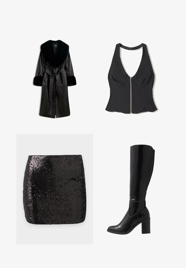 Lang sort læderfrakke med bred faux fur-krave og manchetter, med en front tie bælte og knaplukning, vist på hvid baggrund.; Sort halterneck top lavet af stof med en dyb V-udskæring, der har en lynlås foran og en scallop-kant i bunden. Ingen mønstre eller detaljer.; Sort palietteret mini nederdel med en tætsiddende form, glat tekstur og skinnende overflade, der reflekterer lys og skaber visuel interesse.; Knæhøje sorte glansede støvler med hæl, rund tå, glat overflade, detalje med udskæring på siden og en chunky stablet hæl.