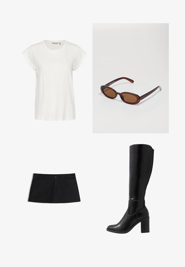 Long black leather coat with wide faux fur collar and cuffs, featuring a front tie belt and button closure, displayed on white background.; White short-sleeve T-shirt with a round neck, soft, lightweight fabric, and a relaxed fit. No notable patterns or accents.; Black, knee-length skirt made of soft fabric. Features two front pockets and a single button closure at the waist.; Knee-high black glossy heeled boots with a rounded toe, smooth texture, side cutout detail, and a chunky stacked heel.; Round, brown-tinted sunglasses with a glossy burgundy frame. Slim arms with subtle branding detail. Flat lens design.