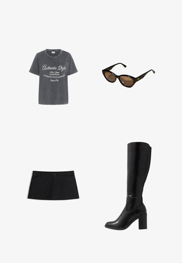 Langer schwarzer Ledermantel mit breitem Kragen und Manschetten aus Kunstfell, ausgestattet mit einem vorderen Bindegürtel und Druckknopfverschluss, auf weißem Hintergrund präsentiert.; Kaffe VIA - T-Shirt print - black acid wash w chalk aop; Schwarzer, knielanger Rock aus weichem Stoff. Verfügbar mit zwei frontalen Taschen und einem einzelnen Knopfverschluss an der Taille.; Knöchelhöhe schwarze, glänzende Stiefel mit hohen Absätzen, runder Zehenform, glatter Textur, seitlichen Aussparungen und einem kräftigen Blockabsatz.; Schwarze Cat-Eye-Sonnenbrille mit braunen Gläsern. Strukturiertes goldfarbenes Zubehör an den Bügeln. Glatter Kunststoffrahmen mit glänzender Oberfläche.