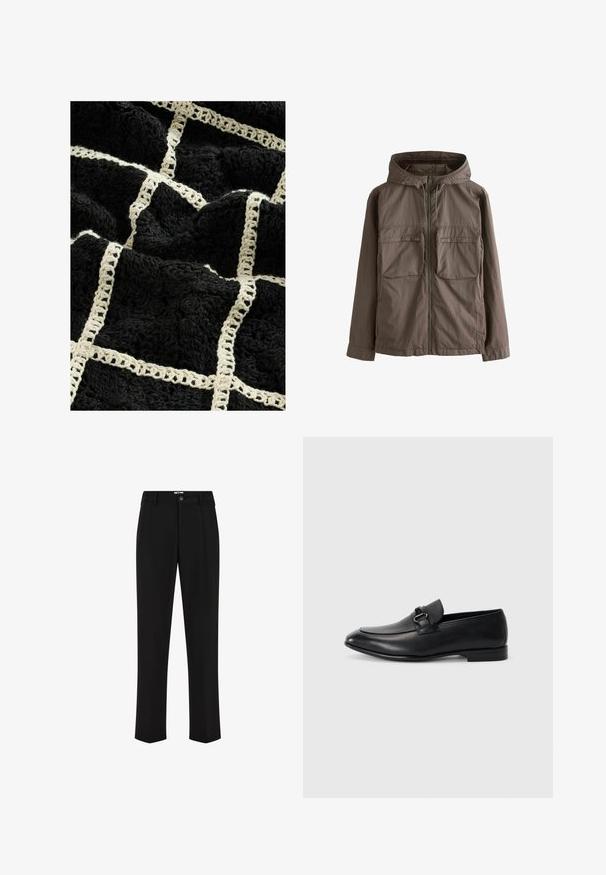 Pruun kerge jakk kapuutsiga, millel on esïkinnitus ja kaks suurt rinnäkoti. Sile tekstuur ja juhuslik disain.; Must mustriga mustriga tekk, millel on kudumisinine kreemiline ruutmustrite ja kergelt tõstetud lillemotiivid ning pehme, plushiline viimistlus.; Mustad mustad püksid, sirge jala disain, valmistatud siledast kangast, esifikseeritud nupuga ja kahe küljetaskuga. Ilma nähtavate mustriteta.; Mustaläikivad nahksandaalid, millel on voolujooneline kuju, tekstureeritud pealispind ja dekoratiivne rihm koos metallist pandlaga. Lamav konts, minimalismi väljendav disain.