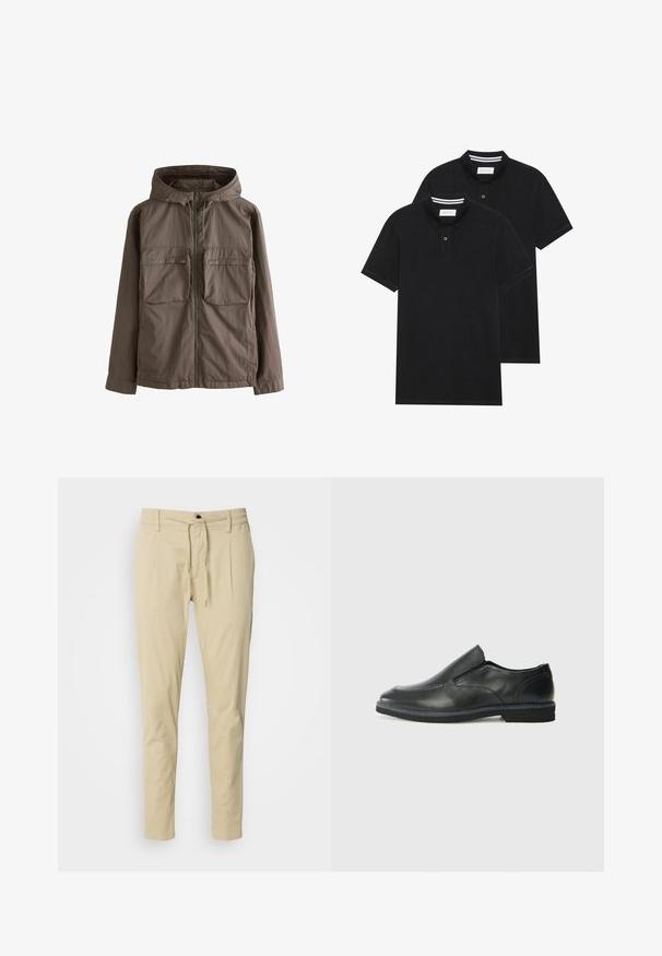 Brązowa, lekka kurtka z kapturem, z zamkiem błyskawicznym z przodu i dwiema dużymi kieszeniami na klatce piersiowej. Gładka tekstura i casualowy design.; Dwie czarne koszulki polo z krótkim rękawem, wykonane z materiału bawełnianego, z klasycznym kołnierzykiem, z zapięciem na dwa guziki oraz białymi paskami wewnątrz kołnierza.; Beżowe, dopasowane spodnie wykonane z mieszanki bawełny. Elastyczny pas ze sznurkiem do regulacji, dwa plisowane przody i proste nogawki.; Czarne skórzane buty wsuwane z gładką cholewką, przeszyciami, okrągłym noskiem i niskim gumowym obcasem. Podeszwa ma minimalny bieżnik.