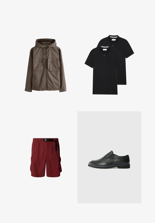 Ruskettu kevyt takki hupulla, jossa on etuvetoketju ja kaksi suurta rintataskua. Sileä pinta ja rento muotoilu.; Kaksi mustaa lyhythihaista poolopaitaa, puuvillamateriaalia, joissa on klassinen kaulus, kahden napin napitus ja valkoiset raidat kauluksen sisällä.; Maroonit väriset cargo šortid, kurių juosmuo elastingas ir reguliuojamas diržas. Yra dvi šoninės kišenės. Pagaminti iš lengvos medžiagos.; Musta nahkainen liukujalkine, jossa on sileä pinta, ommeltuja yksityiskohtia, pyöristetty kärki ja matala kumipohja. Pohjassa on minimaalinen pito.