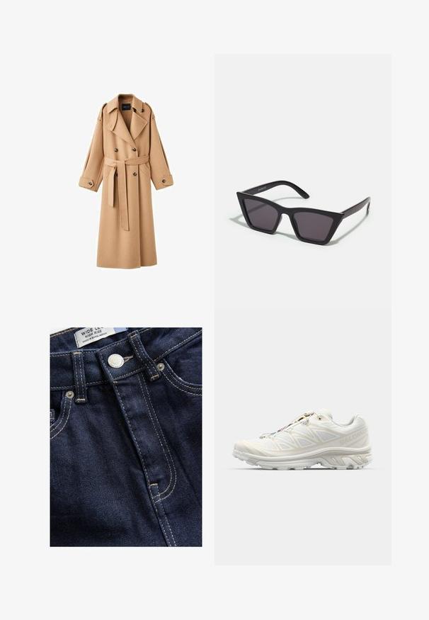 Trench coat in lana color cammello con davanti doppiopetto, ampie revers, vita con cintura e maniche lunghe con dettagli a bottoni.; Maglione grigio a collo alto realizzato in un morbido knit testurizzato. Presenta maniche lunghe e una forma rilassata e squadrata con orlo e polsini a costine.; Next WIDE - Wide Leg - rinse; Scarpa da corsa bianca con tomaia in mesh traspirante, dettagli texturizzati e suola imbottita. Dispone di un sistema di lacci rapidi per una vestibilità facile.; Occhiali da sole neri e angolari con lenti grigie; realizzati in plastica, con aste spesse dalla superficie liscia e senza hardware visibile.; Borsa a pochette nera con finitura testurizzata, tracolla in catena dorata e chiusura a fermaglio. Forma rettangolare con un design elegante e minimalista.