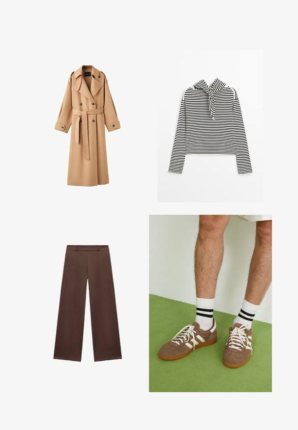 Kamelová vlněná trench coat s dvojitým zapínáním vpředu, širokými klopami, páskem v oblasti pasu a dlouhými rukávy s tlačítkovými detaily.; Massimo Dutti STRIPED WITH REMOVABLE BANDANA - Svetr - beige; Hnědé široké kalhoty vyrobené z měkké tkaniny, s plochým bokem a pasem a sklady pro zvýšení textury.; Hnědé semišové tenisky s bílými akcenty a tkaničkami. Gumová podrážka. Nošeny s bílými ponožkami s černými pruhy. Zelená strukturovaná podlaha.