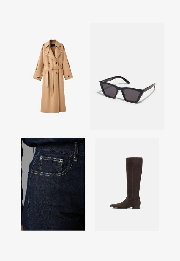 Camel-colored wool trench coat with a double-breasted front, wide lapels, a belted waist, and long sleeves with button details.; Black cropped turtleneck sweater with ribbed neckline and hem. Features long sleeves and a relaxed fit. Made from a soft knit material.; Dark denim jeans featuring a classic five-pocket design, contrast stitching, and metal rivets. Texture appears smooth with slight sheen.; Brown suede knee-high boots with a pointed toe and a low block heel. Smooth texture, minimal stitching, and no prominent hardware or accents.; Black, angular sunglasses with gray lenses; made of plastic, featuring thick arms with a smooth surface and no visible hardware.; Black clutch bag with a textured finish, gold chain strap, and a clasp closure. Rectangular shape with a sleek, minimalistic design.