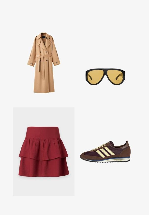 Kamelová vlněná trench coat s dvojitým zapínáním vpředu, širokými klopami, páskem v oblasti pasu a dlouhými rukávy s tlačítkovými detaily.; Krémový svetr s horizontálními pruhy v černé, zlaté, oranžové a hnědé barvě. Vyrobený z měkkého, strukturovaného úpletu s kulatým výstřihem.; Sukně se stupňováním v tmavě burgundské barvě, s širokým pasem, strukturovanými volány na vrstvách a měkkou, texturovanou tkaninou.; Hnědé a burgundské tenisky z semiše a síťoviny, s třemi krémovými pruhy, texturovaným materiálem na jazyku a gumovou podrážkou.; Sluneční brýle s elegantním černým plastovým rámem a žlutě tónovanými čočkami, s výrazným úhlovým tvarem a širokými obroučkami pro dodatečné zakrytí.; Denimová gumička v modrých tónech s kostkovaným vzorem. Měkká textura s nařasenými okraji a elastickým středem pro bezpečné uchycení.