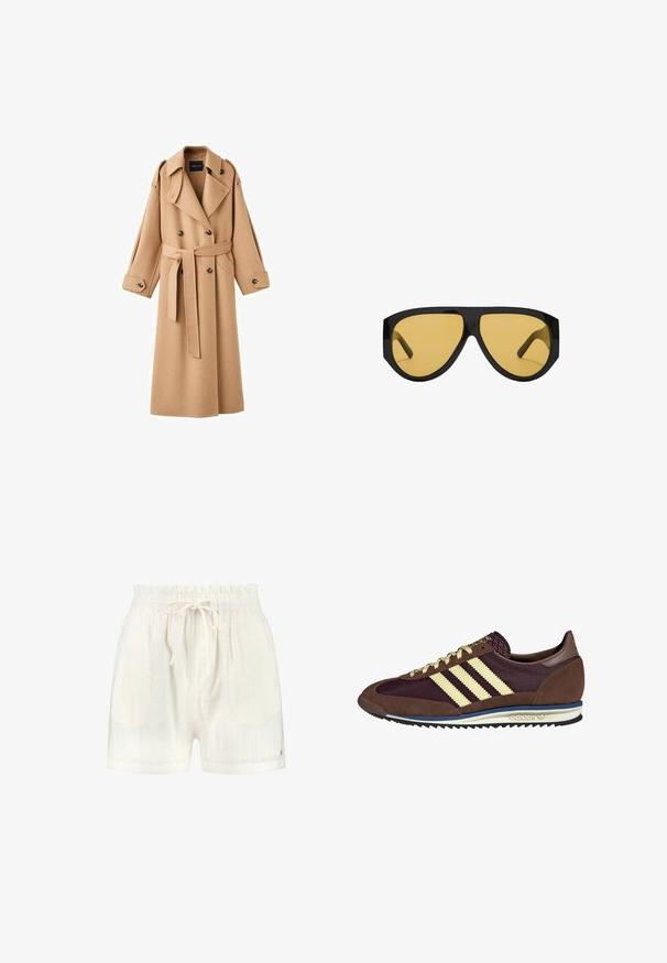Kamelová vlněná trench coat s dvojitým zapínáním vpředu, širokými klopami, páskem v oblasti pasu a dlouhými rukávy s tlačítkovými detaily.; Krémový svetr s horizontálními pruhy v černé, zlaté, oranžové a hnědé barvě. Vyrobený z měkkého, strukturovaného úpletu s kulatým výstřihem.; Bílé šortky s texturovaným vertikálním pruhovaným designem, s páskem na stažení v pase a malým zlatým logem na boku.; Hnědé a burgundské tenisky z semiše a síťoviny, s třemi krémovými pruhy, texturovaným materiálem na jazyku a gumovou podrážkou.; Sluneční brýle s elegantním černým plastovým rámem a žlutě tónovanými čočkami, s výrazným úhlovým tvarem a širokými obroučkami pro dodatečné zakrytí.; Denimová gumička v modrých tónech s kostkovaným vzorem. Měkká textura s nařasenými okraji a elastickým středem pro bezpečné uchycení.